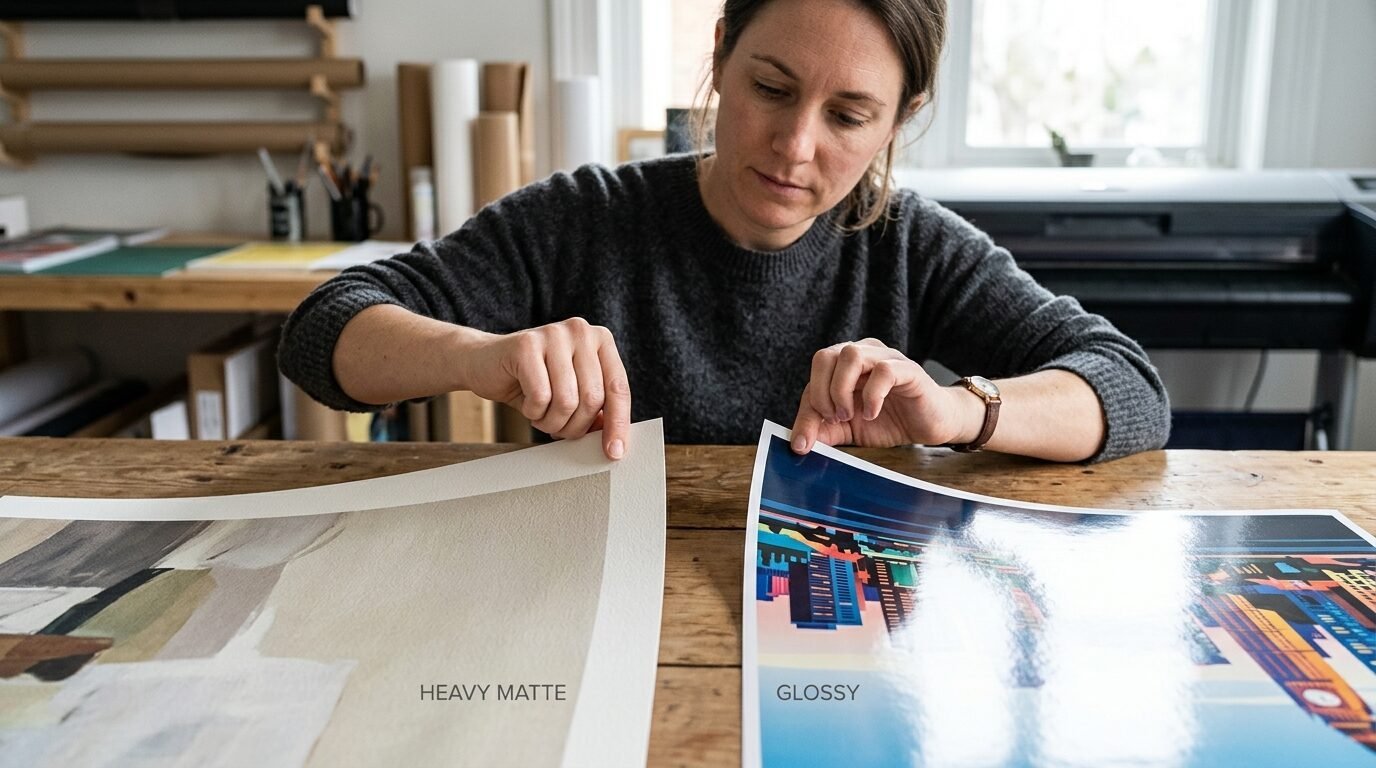 A woman holds two art prints, demonstrating the visual contrast between a textured matte and a reflective glossy finish.