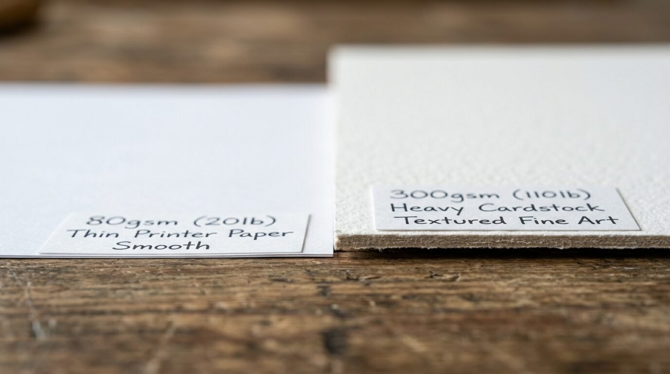 Side-by-side view showing thin 80gsm printer paper versus thick 300gsm textured fine art paper on wood.
