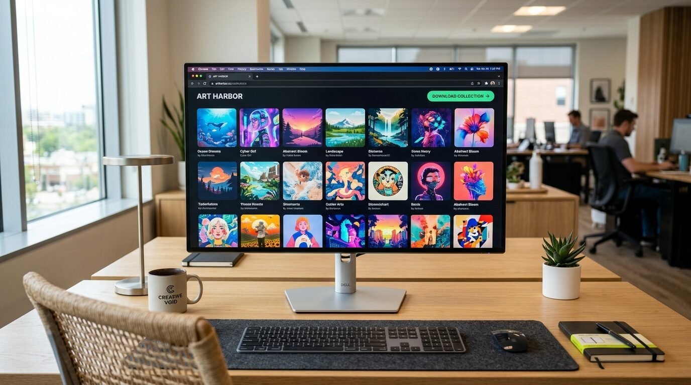 A computer screen on a wooden desk showing a gallery of colorful digital illustrations and artwork.