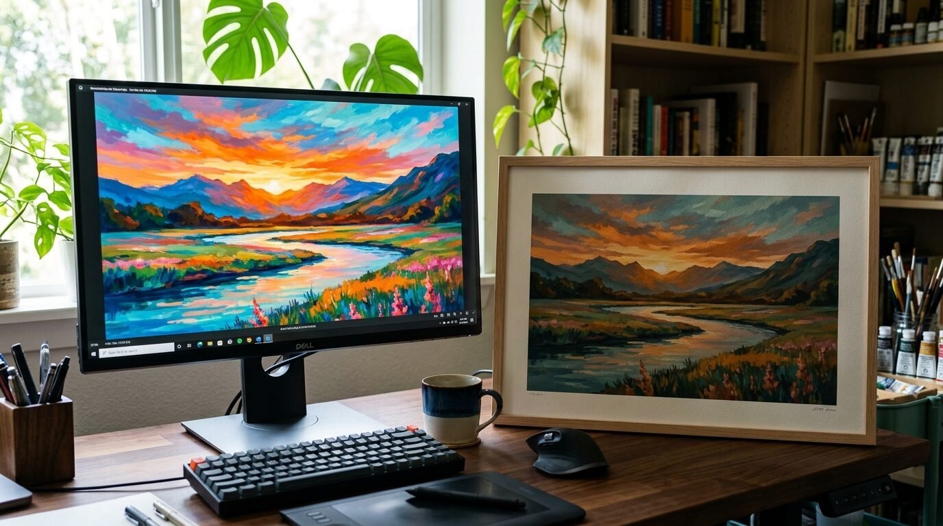 A desk with a computer monitor showing a colorful landscape painting next to a framed print of the same artwork.