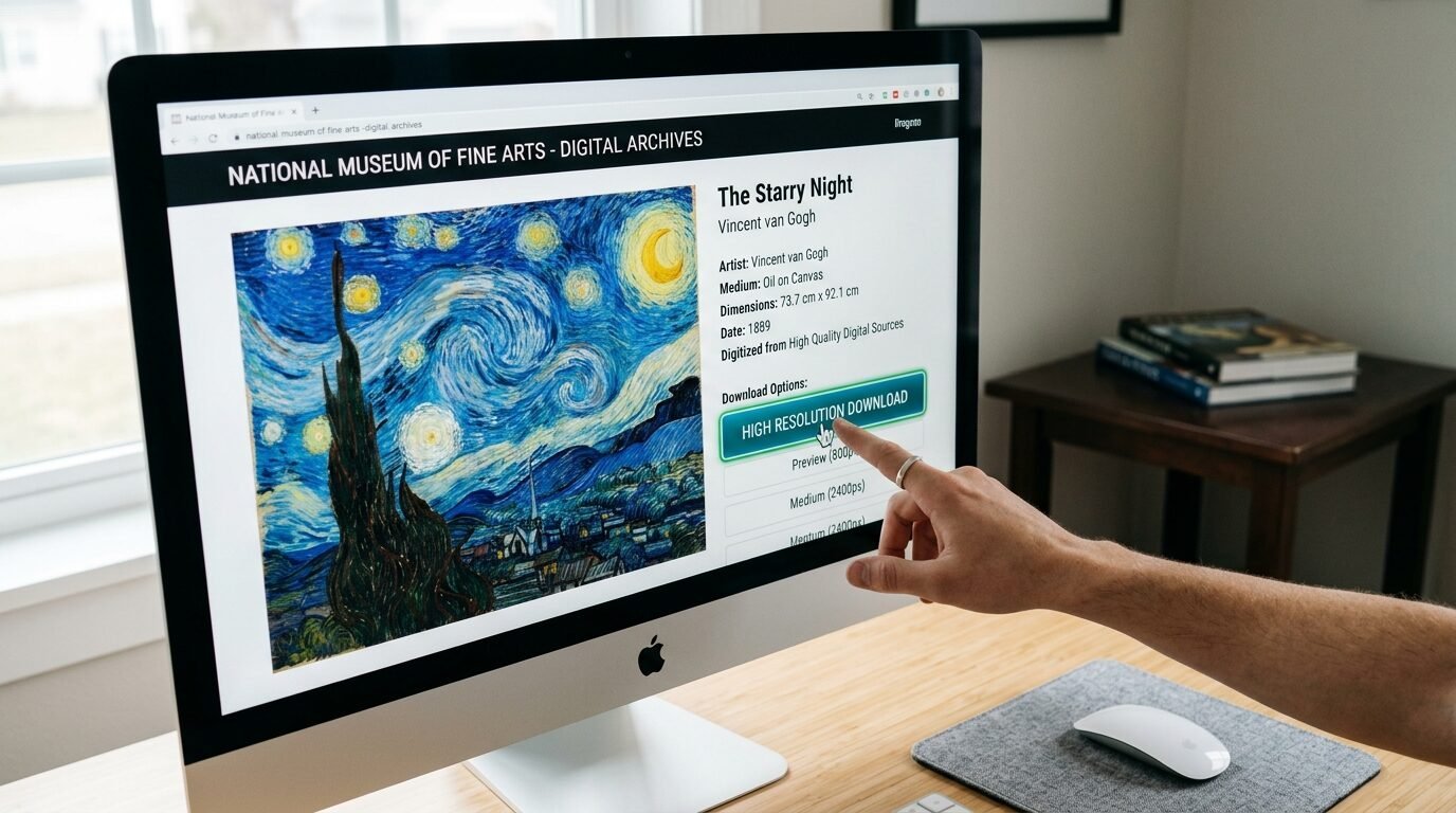 Close up of a person pointing to a computer screen displaying an online archive of Vincent van Gogh's Starry Night.