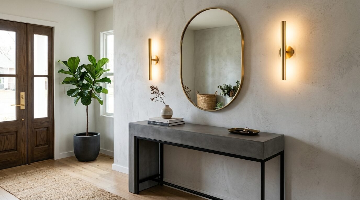 Concrete console table under a brass-framed oval mirror with tall wall sconces in a bright home entryway.