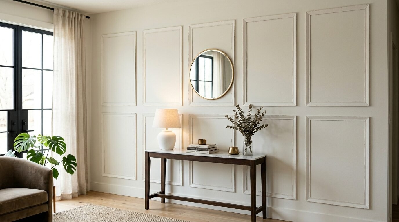 A wooden console table with a marble top sits against a white wall featuring classic wainscoting molding.