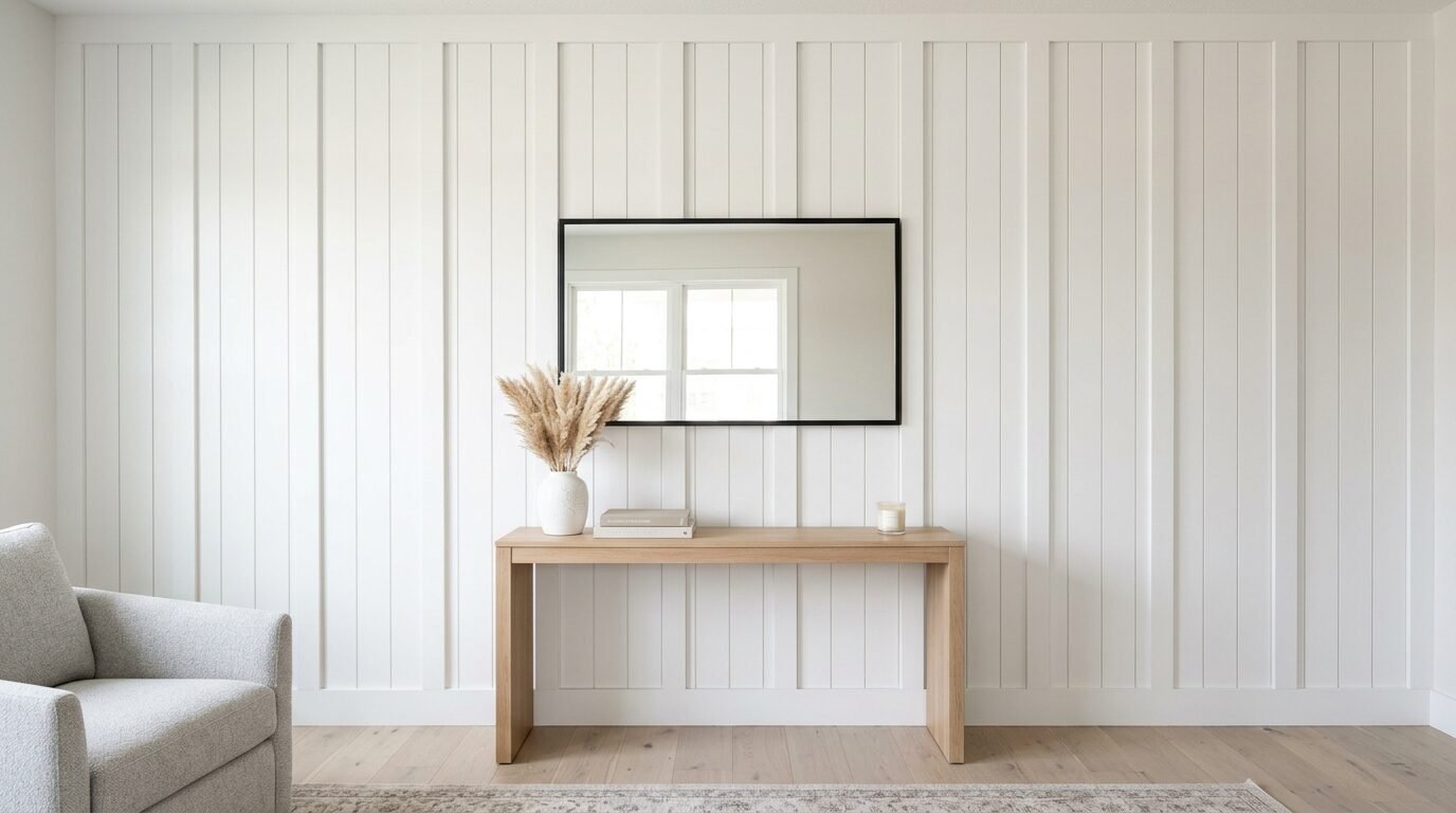 Modern wooden console table featuring a vase of pampas grass below a black rectangular wall mirror.