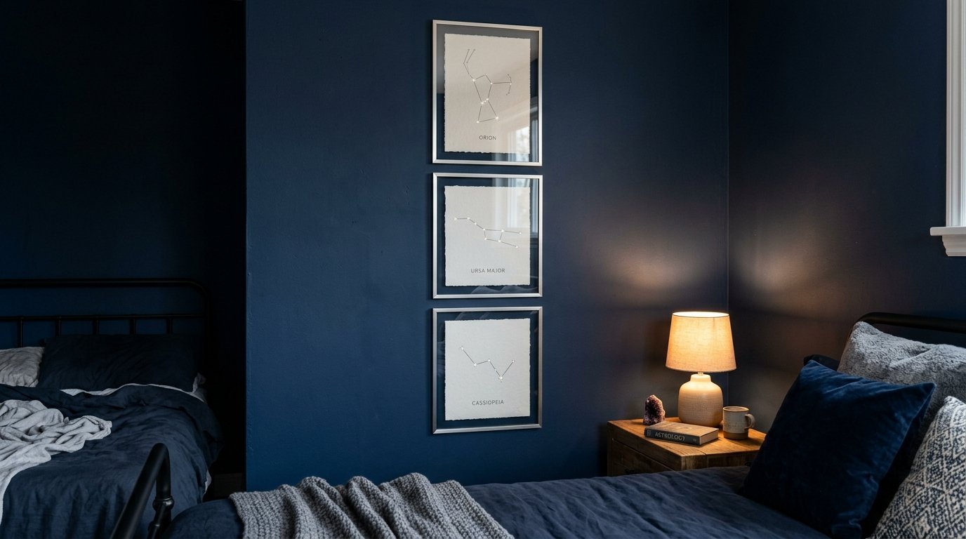 Vertical gallery wall featuring minimalist framed Orion, Ursa Major, and Cassiopeia star maps above a nightstand.