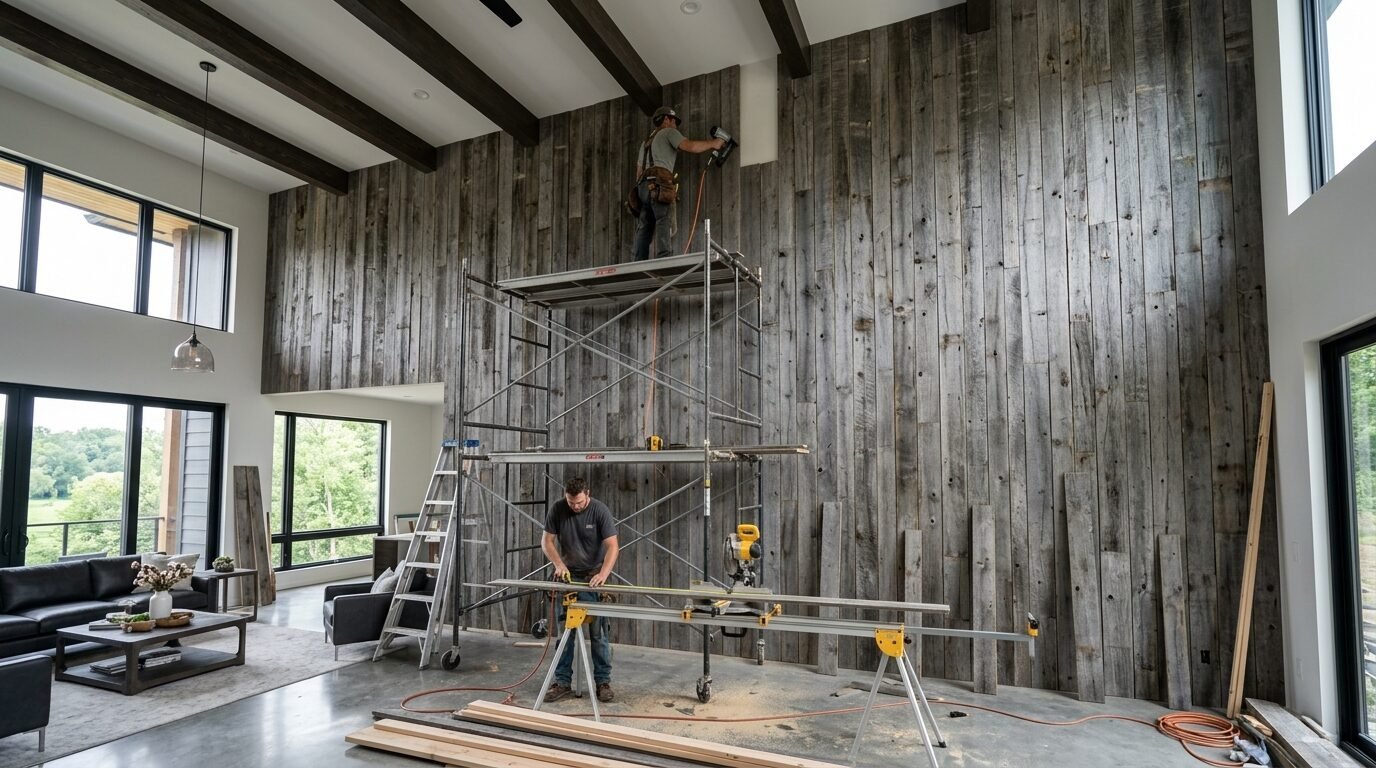 Two carpenters working on a large gray wooden plank wall in a modern high-ceiling living room.