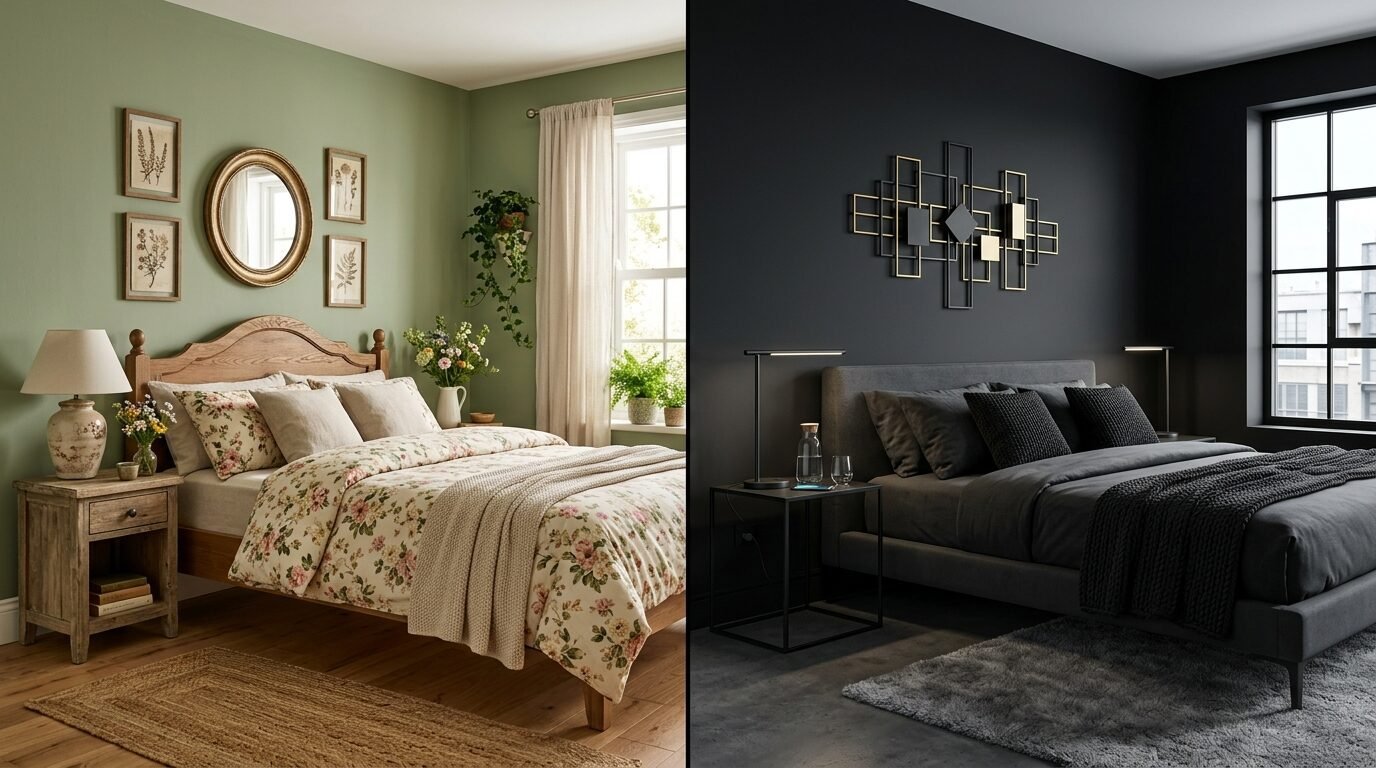 A split image showing a cottage-style green bedroom on the left and a sleek, dark modern bedroom on the right.