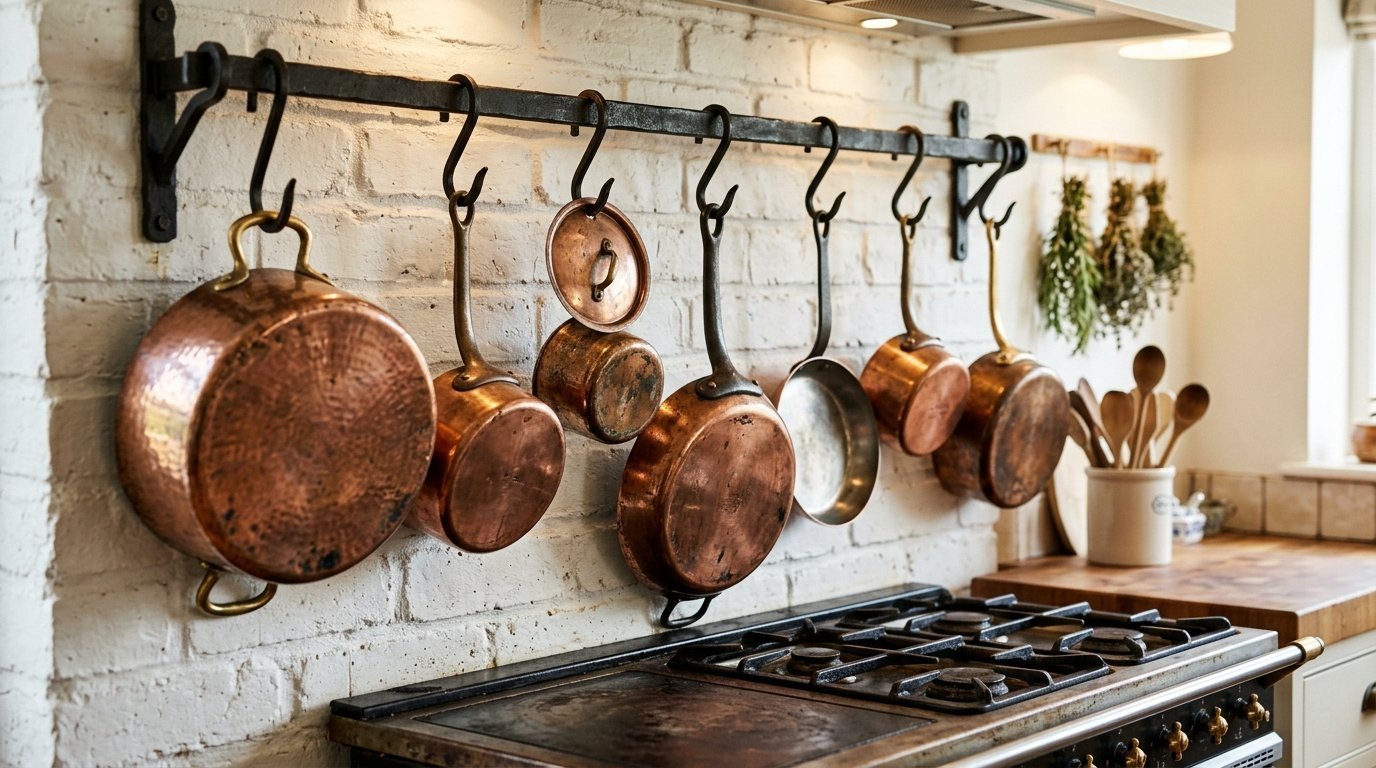 Collection of shiny copper pots and lids hanging from a black metal rail on a painted white brick wall.