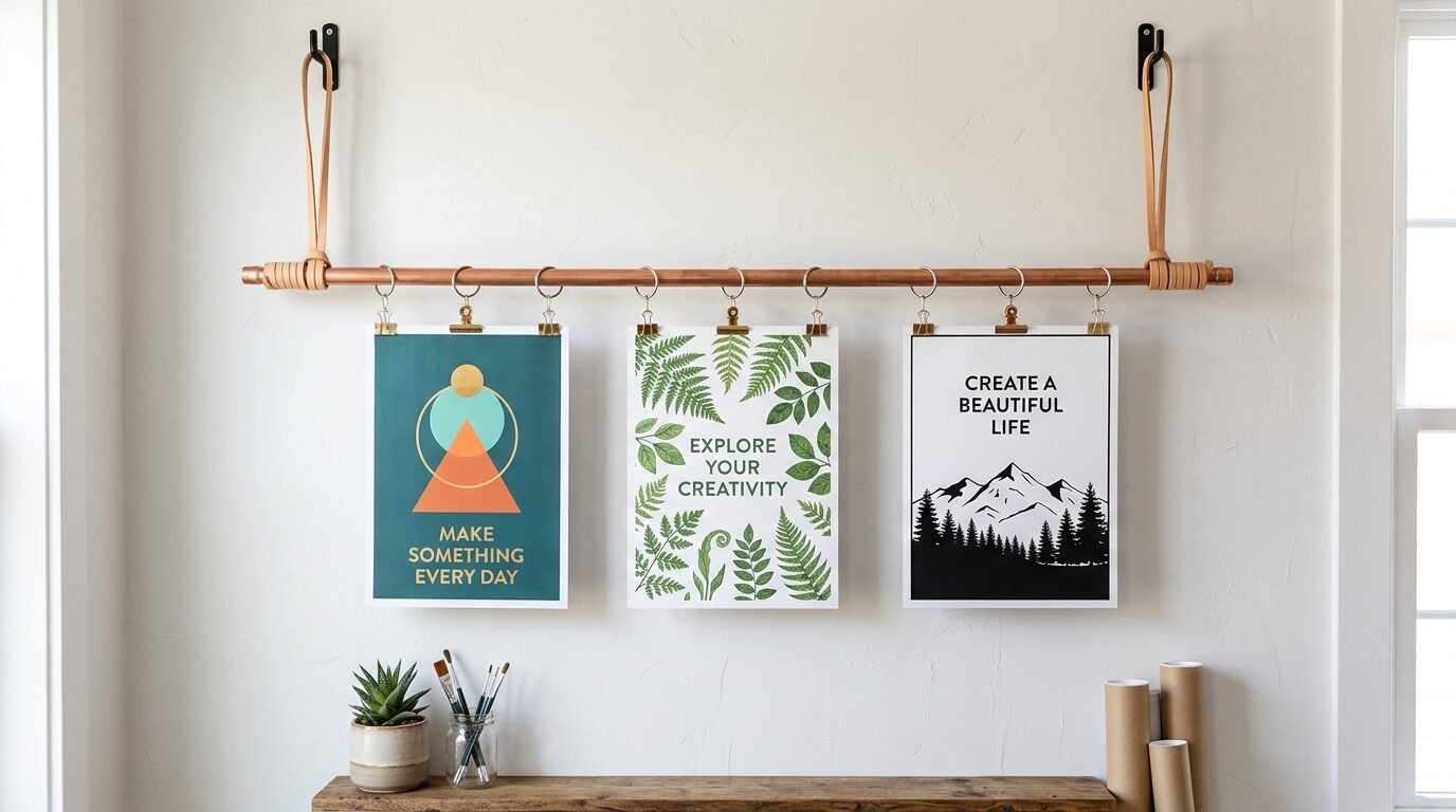 Decorative copper bar wall mount displaying three botanical and inspirational quote posters on gold clips.