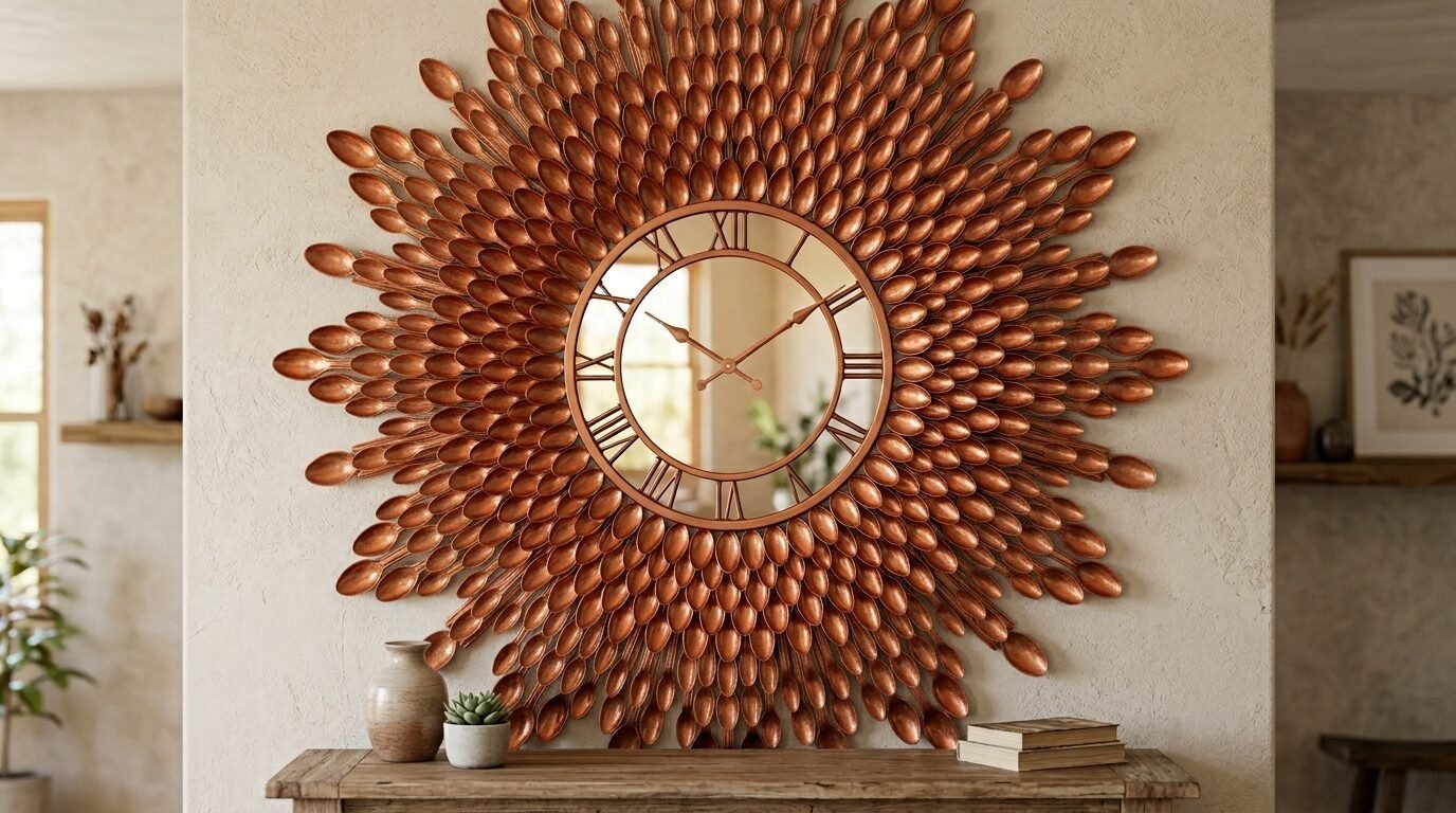 A large round wall clock featuring a radial sunburst frame crafted from metallic copper-colored spoons.
