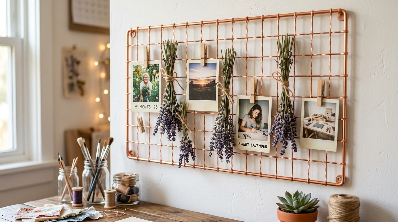 Copper wire wall rack featuring polaroid-style photos and bundles of dried lavender flowers clipped with wooden pins.