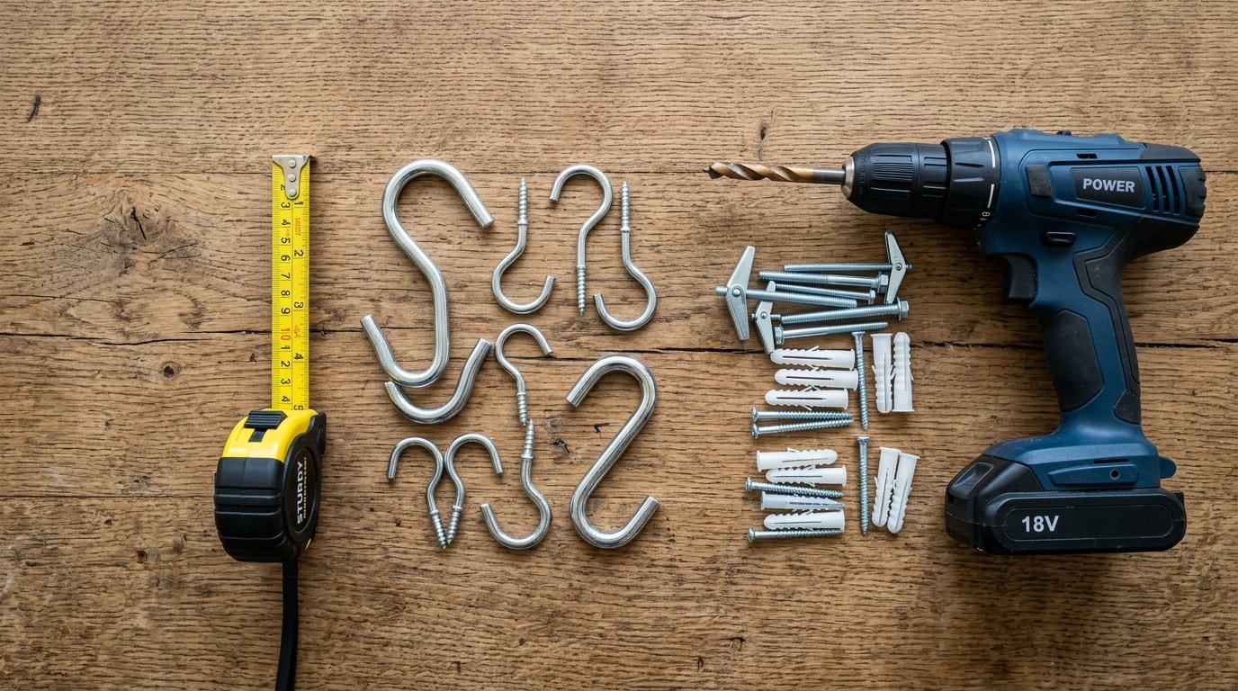 Measuring tape, steel hooks, screws, wall anchors, and an 18V power drill laid flat on a rustic wooden surface.