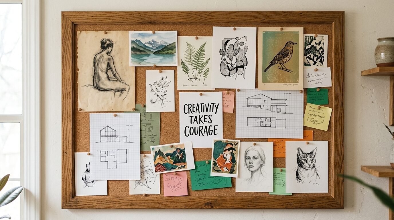 Wooden framed cork board displaying various pencil drawings, architectural plans, and inspirational quotes.