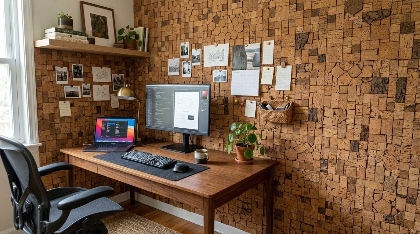 Workspace with a laptop and monitor against a wall covered in decorative cork squares and pinned paper photos.
