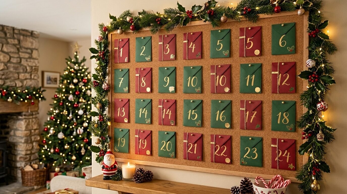Decorative corkboard displaying twenty-four numbered seasonal envelopes with pine garland and fairy lights.