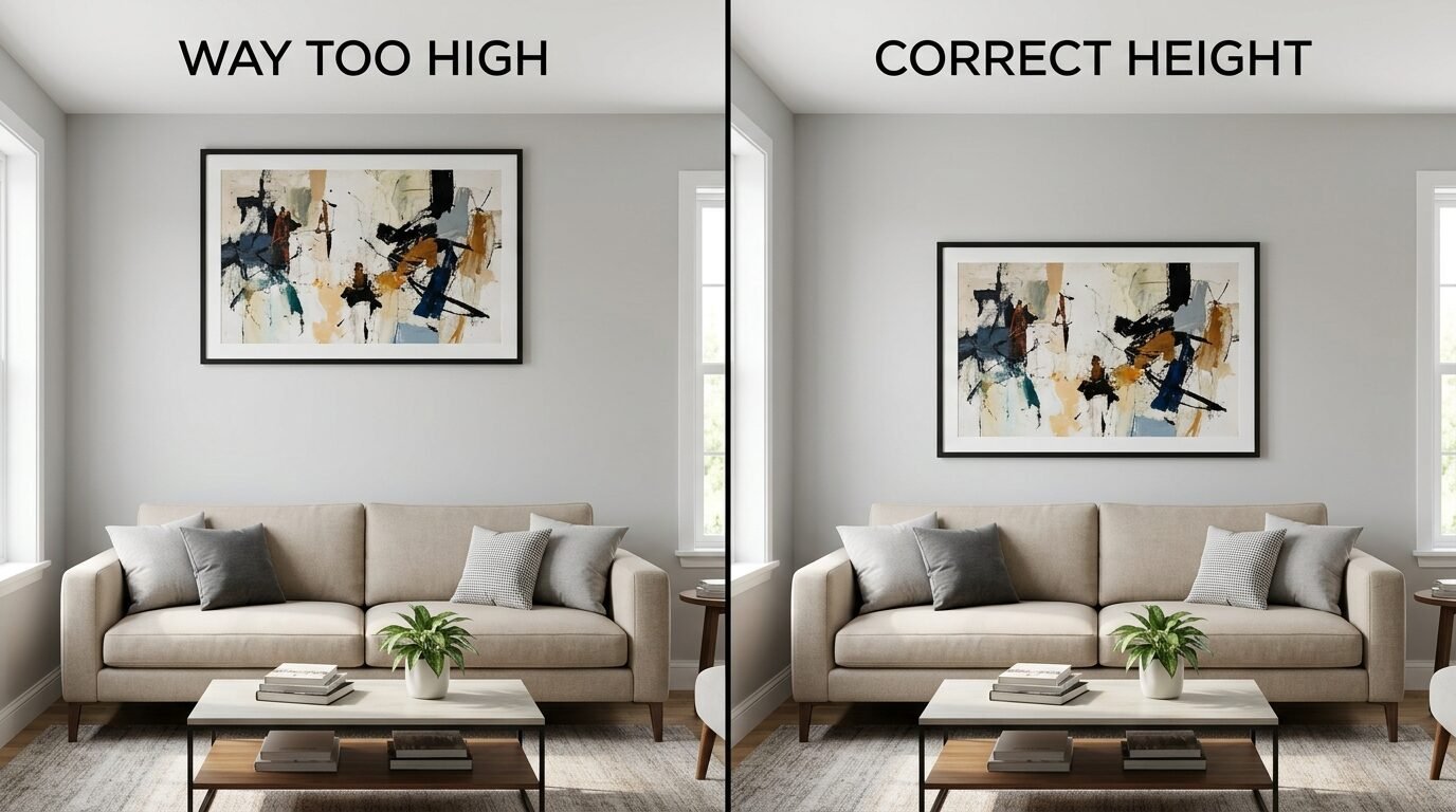 Comparison showing abstract wall art hung too high versus at the correct, lower eye-level height above a couch.