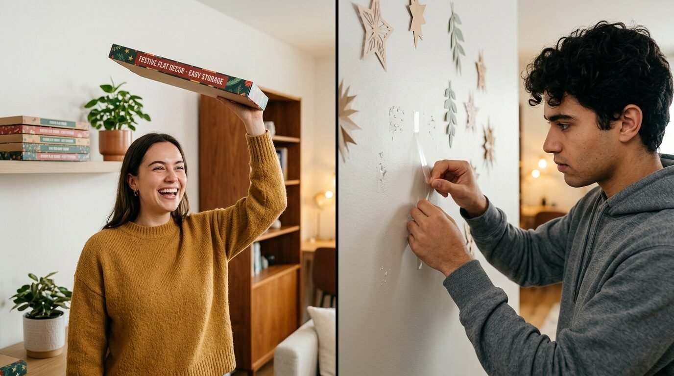 A woman laughing while holding a decor box and a man sticking paper stars to a white wall.