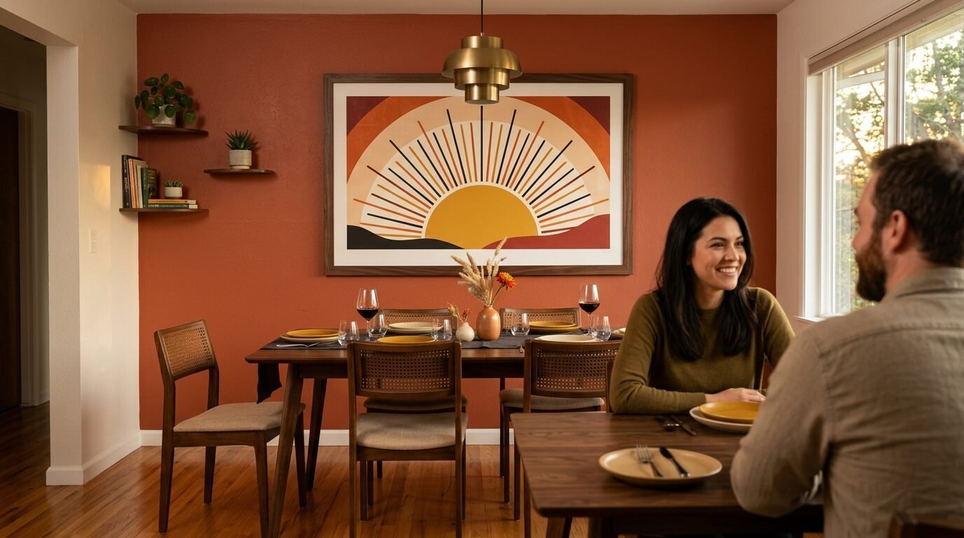 A man and woman smiling at each other while dining at a wooden table with sun-themed wall art.