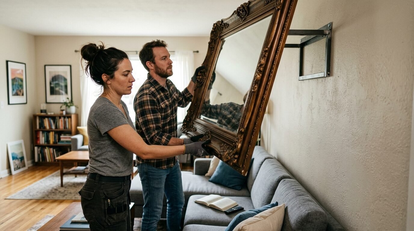 Man and woman wearing work gloves lifting a large, heavy ornate gold-framed mirror onto a metal wall bracket.
