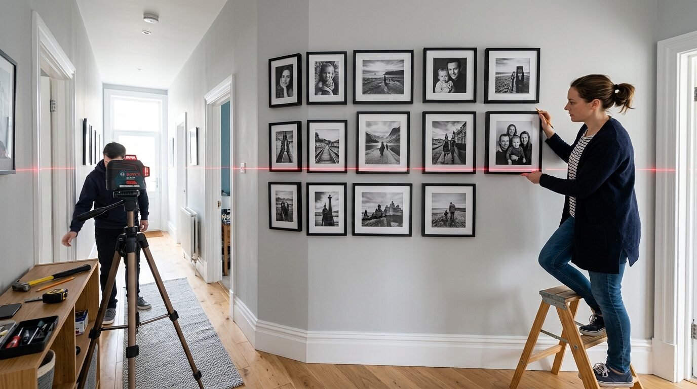 A woman on a step ladder aligns a framed photo on a wall while her partner operates a laser level on a tripod.