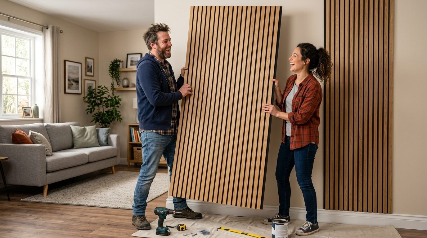 Man and woman laughing while lifting a large oak slat acoustic panel against a beige home wall.