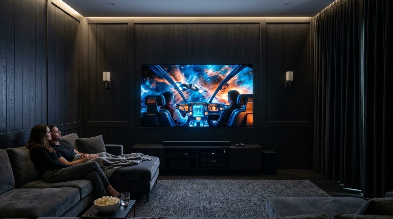 Man and woman sitting on a grey sectional sofa in a dark home theater viewing a movie on a large screen.