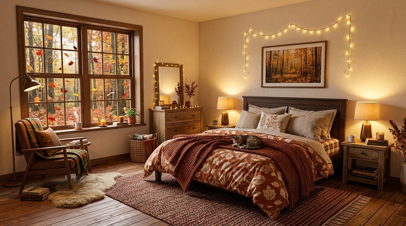 Tabby cat napping on a bed with orange leaf patterned bedding in a rustic bedroom with fairy lights and autumn views.