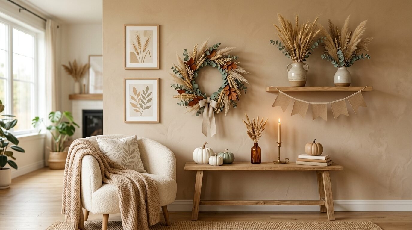 Neutral autumn living room with a wreath, dried wheat, pumpkins, and a beige boucle chair.