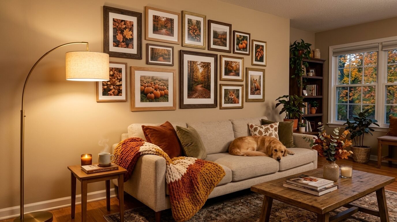 A light-colored sofa with a dog, autumn-themed photo gallery wall, and warm ambient lighting.