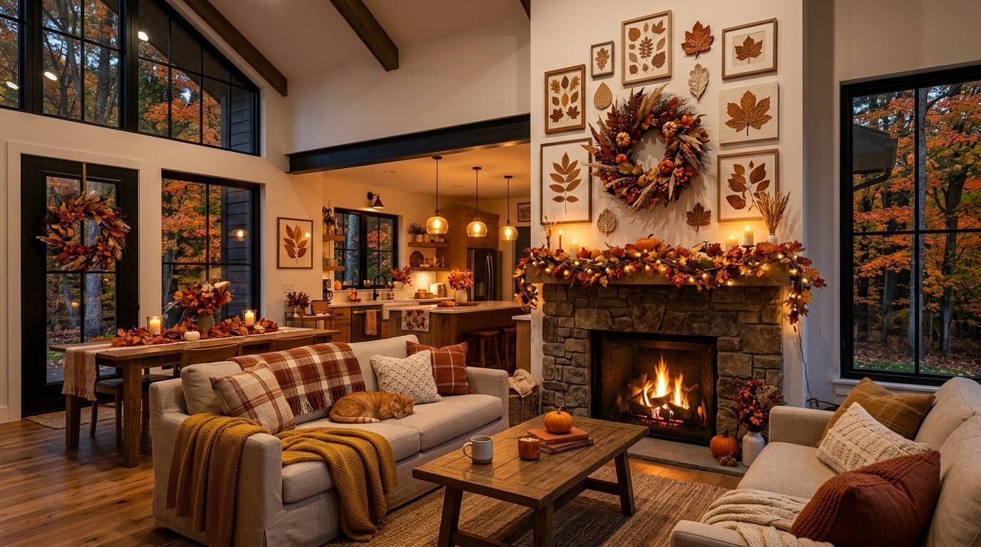 Cozy living room with a stone fireplace, autumnal wall art, and a sleeping cat on a sofa during fall.
