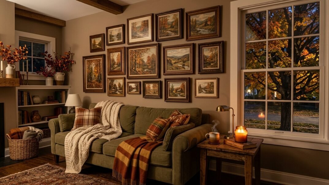 Green sofa with plaid pillows and blankets in a room featuring many framed nature paintings and an autumn window view.