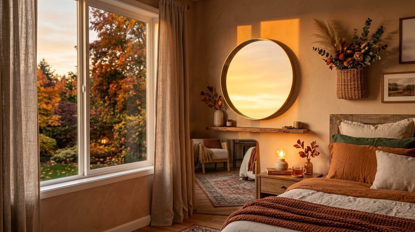 Round mirror above a wooden shelf in a warm-toned bedroom with views of fall foliage through a large window.