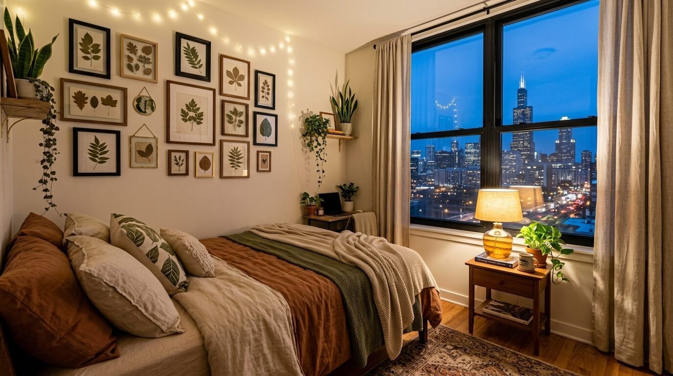 Modern bedroom with botanical gallery wall and lit lamps overlooking the Willis Tower at night.