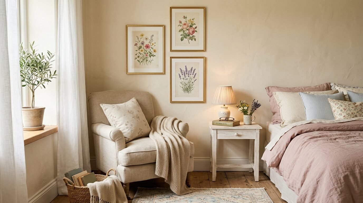 A beige armchair and white nightstand with floral framed prints on a neutral wall in a rustic bedroom.
