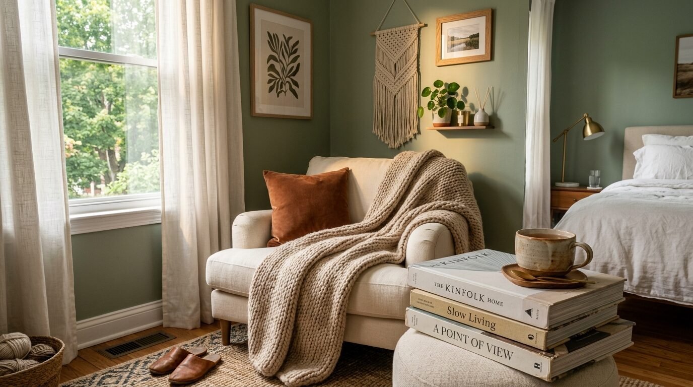 A soft beige armchair with a chunky blanket and rust pillow sits in a cozy bedroom with sage green walls.