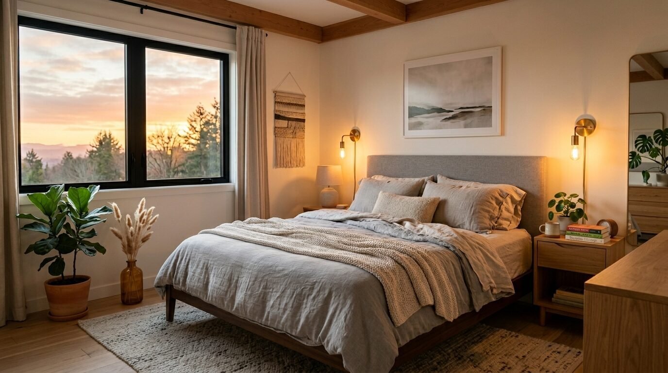 Modern bedroom with a linen bed, warm lighting, and a window view of a golden sunset over trees.