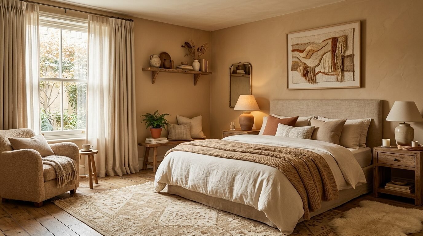 A tranquil bedroom with neutral linens, layered textiles, and a woven wall hanging above a linen upholstered bed.