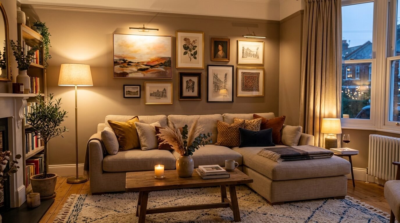 Beige sectional sofa with earth-toned pillows in a warmly lit living room with framed art and a wooden coffee table.