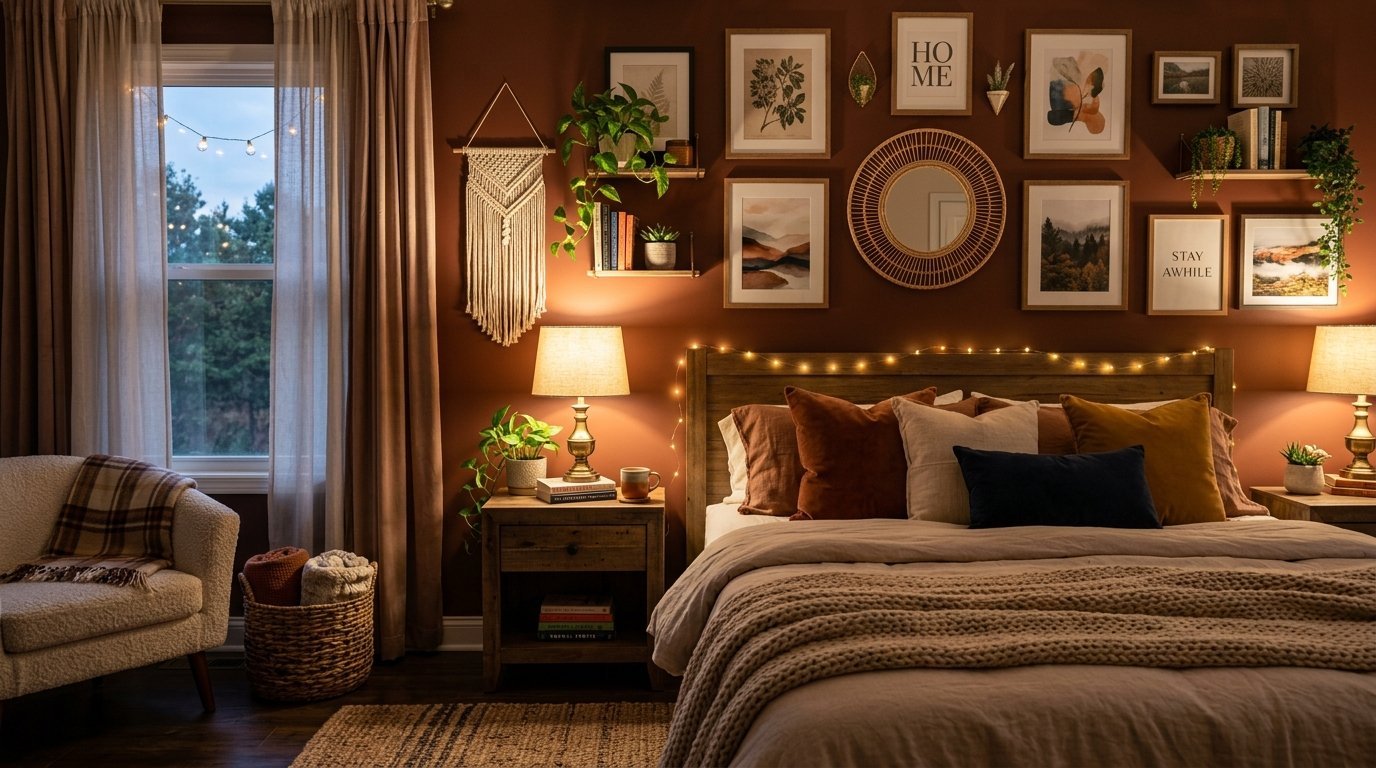 Cozy bedroom interior featuring a bed with layered pillows, gallery wall art, and ambient fairy lights.