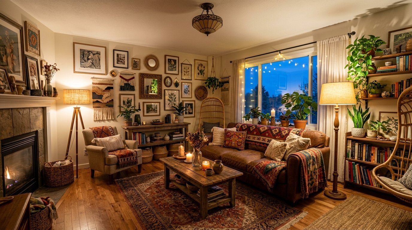 Cozy living room with leather sofa, gallery wall, fireplace, indoor plants, and soft ambient lighting at dusk.