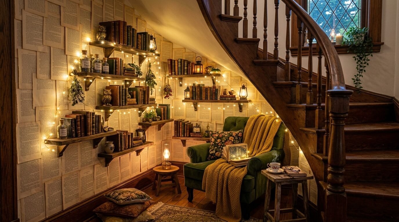 Green velvet chair with a yellow blanket under shelves of vintage books and string lights on a paper-covered wall.