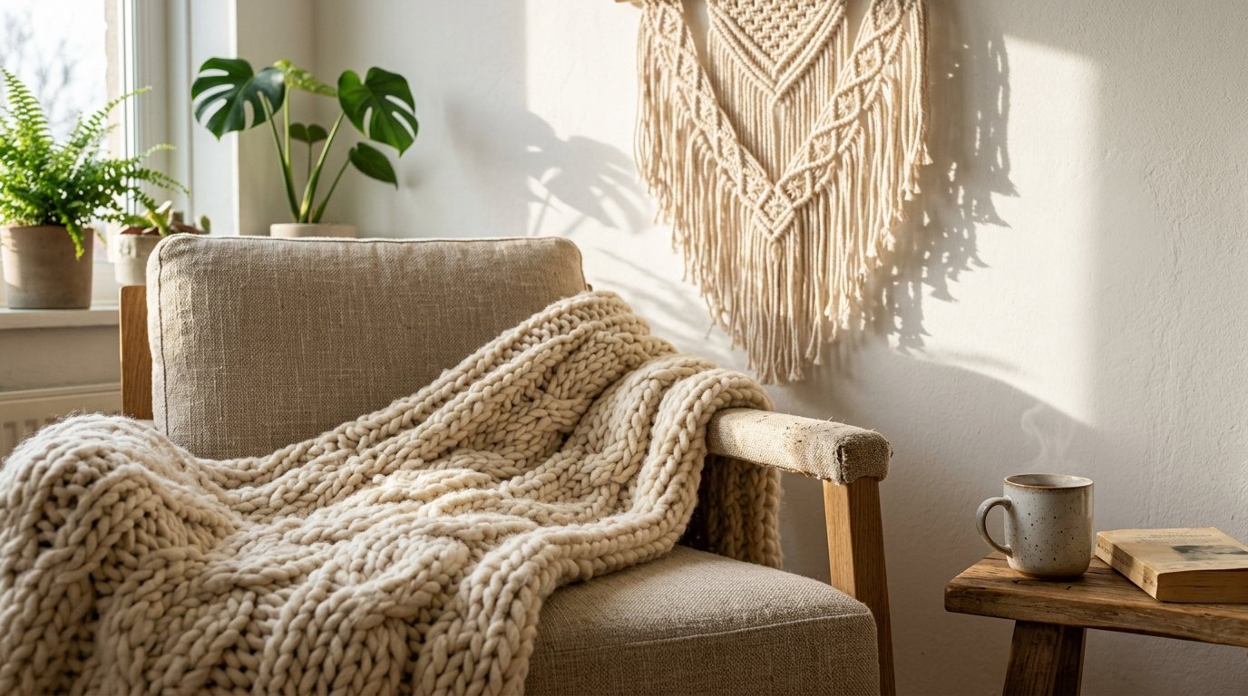 Armchair with a thick cable knit blanket, hanging wall macrame, and a hot mug on a wooden side table.
