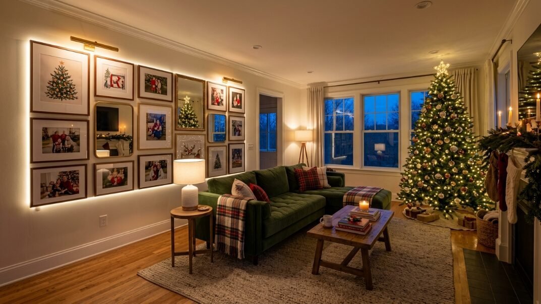 A warm living room with a green sofa, wooden coffee table, illuminated gallery wall, and a glowing Christmas tree.