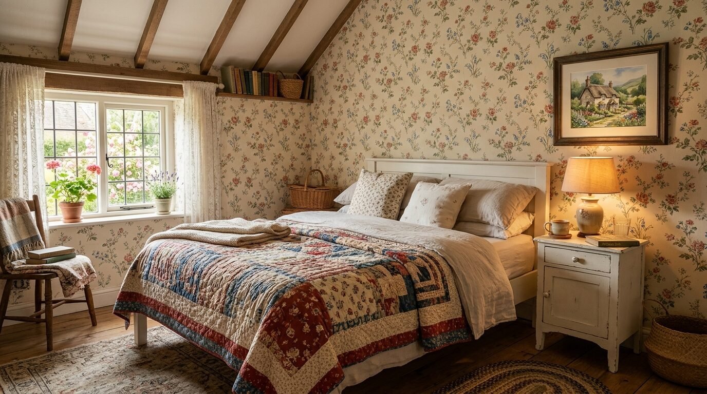 Cottagecore style bedroom with floral walls, wooden ceiling beams, and a quilt-covered bed by a window.