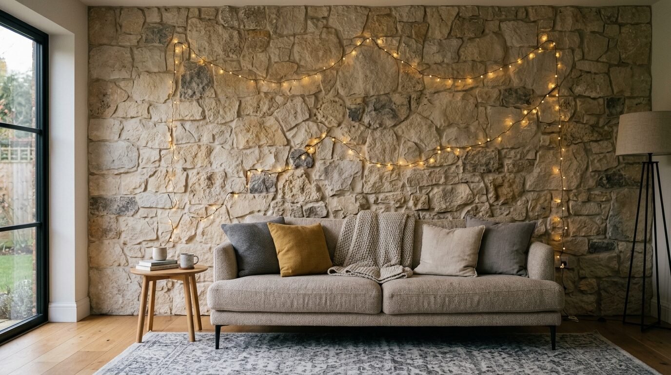 Neutral living room couch with throw pillows and lights hung on a textured stone feature wall.