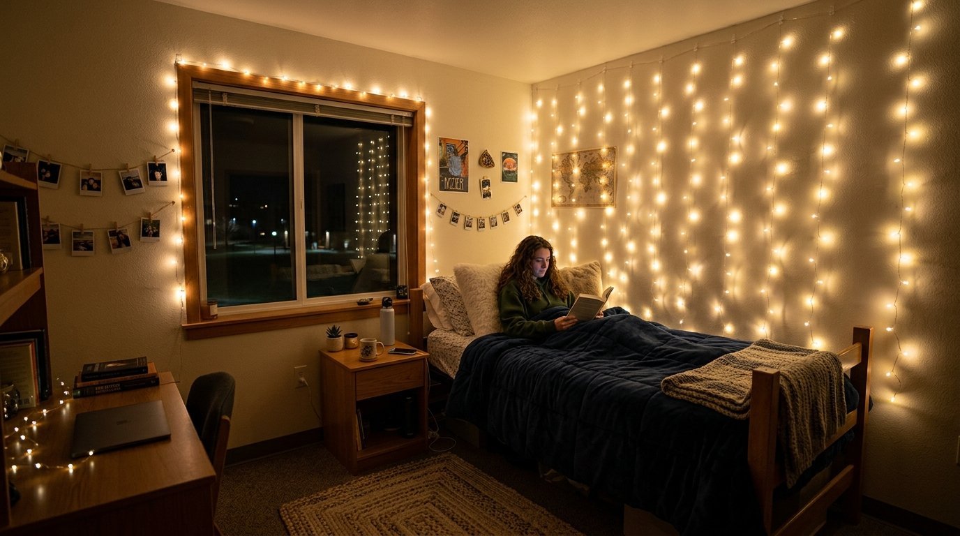 A student reading on her bed surrounded by warm string lights in a dark bedroom at night.