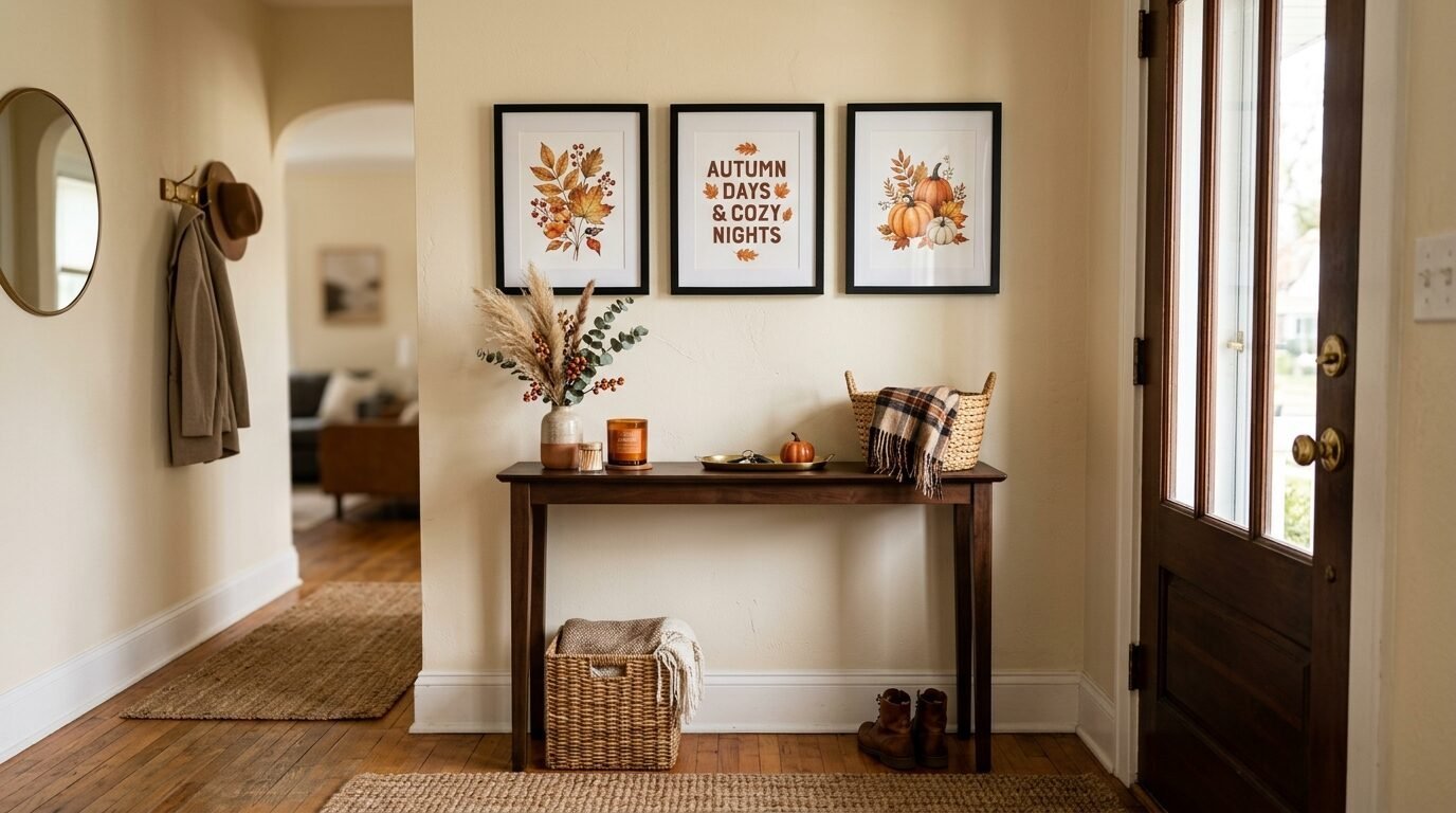 Wooden console table in an entryway featuring three fall-themed prints, dried flowers, and a plaid throw blanket.