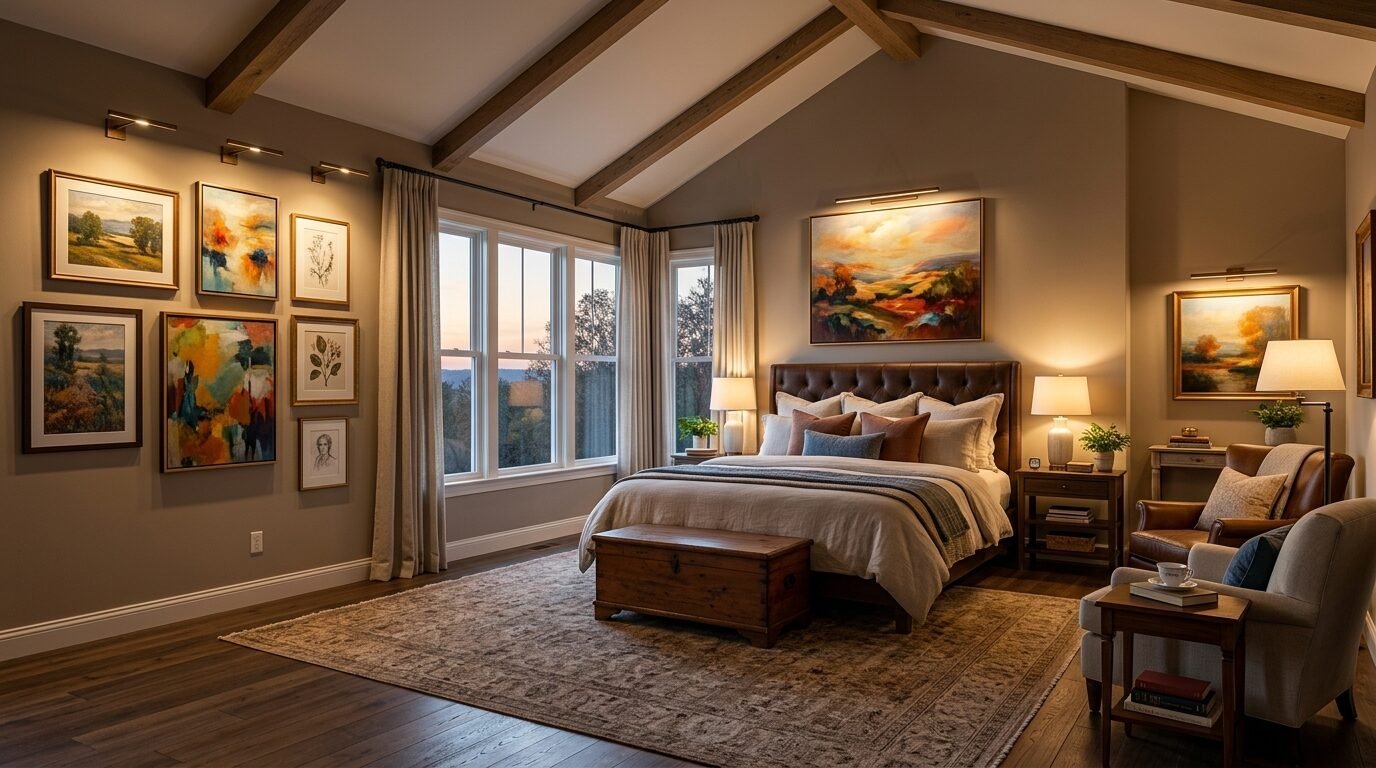 A warm bedroom with a king bed, wooden trunk, leather chairs, and landscape artwork displayed under picture lights.