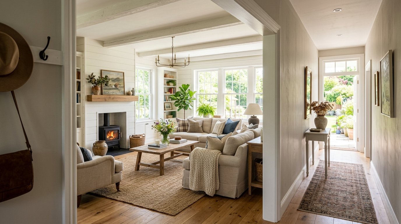 A comfortable living room featuring a fireplace and large windows, viewed from an adjacent hallway.
