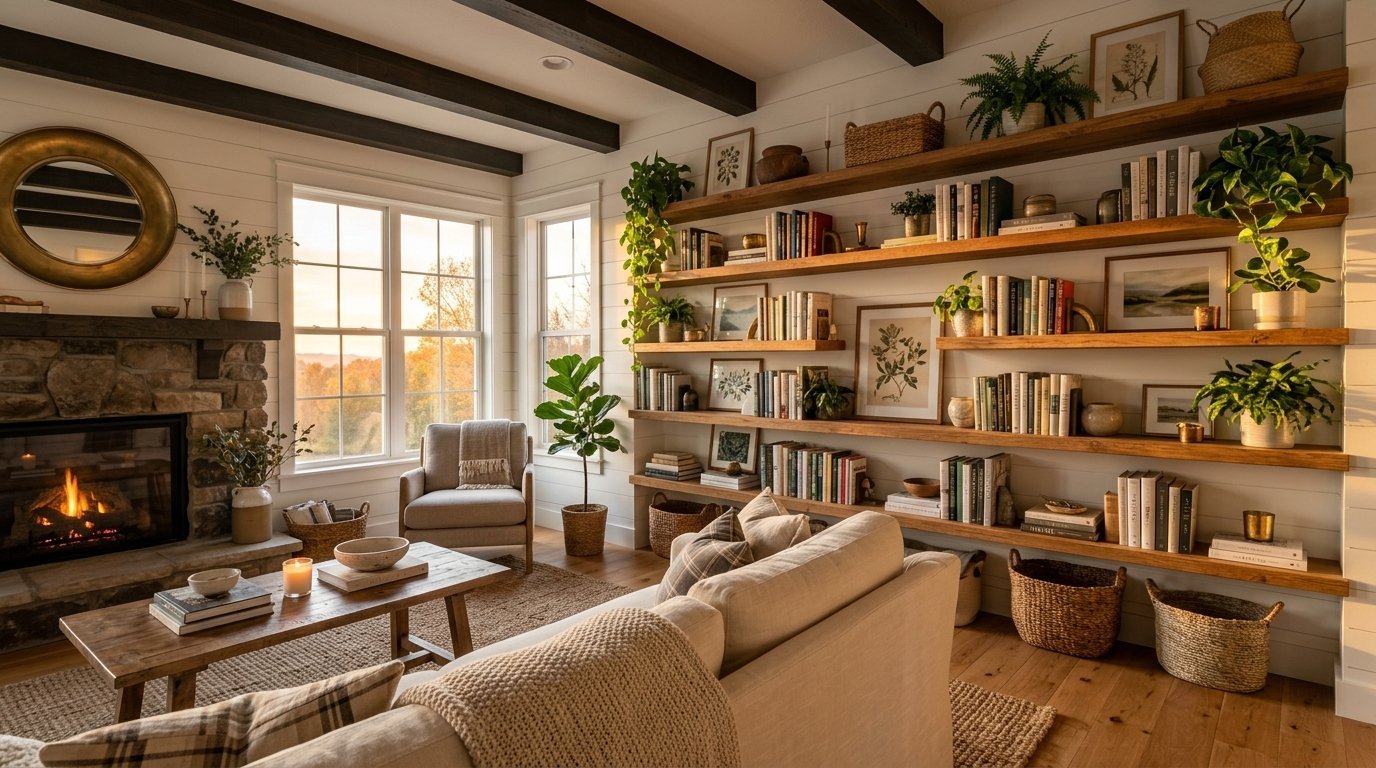 A bright, modern farmhouse living room features open wood shelves filled with books, plants, and decor beside a fireplace.